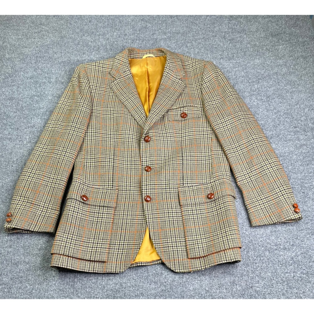The Scotch House Blazer Mens 36R Tan Glen Plaid Pure Wool Vintage Sport Coat
